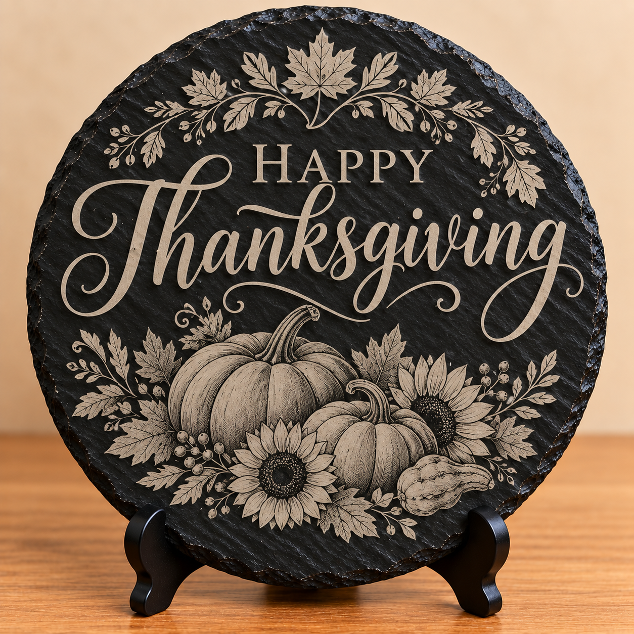 Happy Thanksgiving Round Engraved Slate Plaque