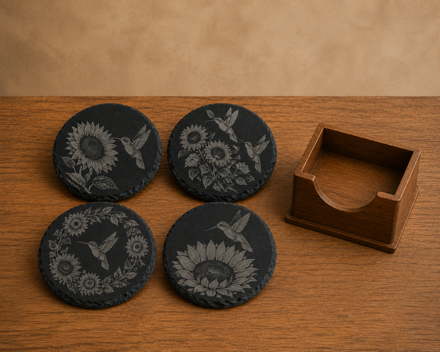 Sunflower & Hummingbird Slate Coaster Set