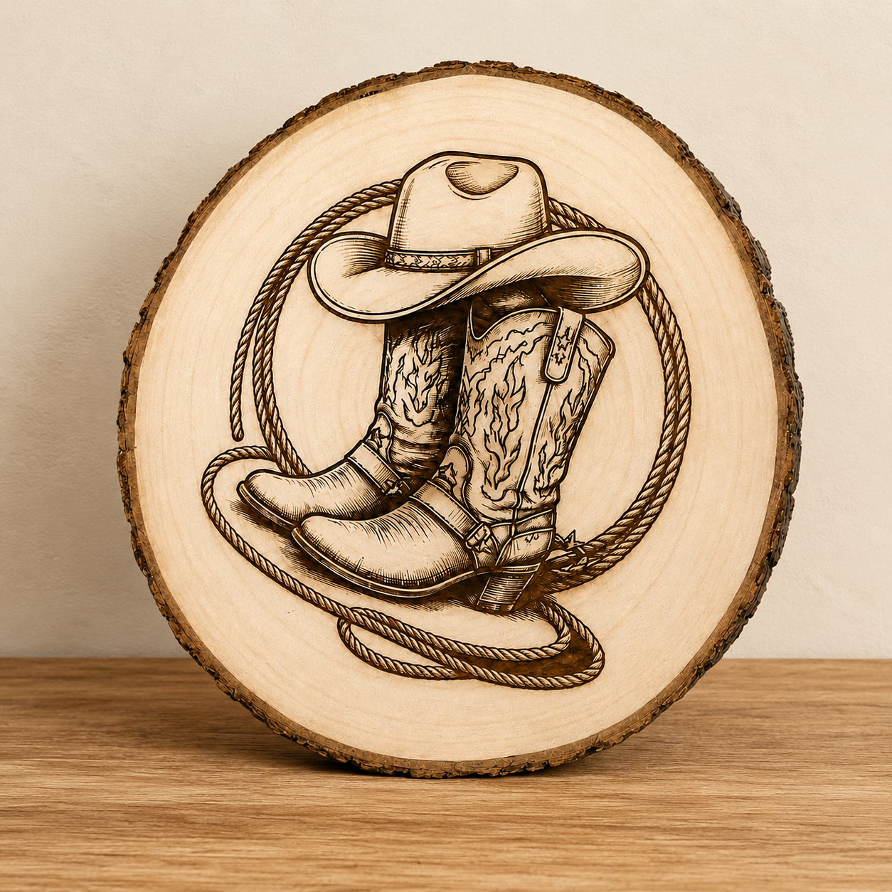 Cowboy Boots, Hat, and Rope Engraved Wood-Slice Plaque