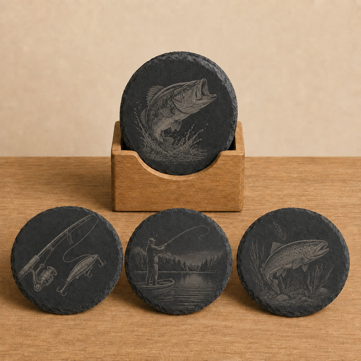 Fishing-Themed Slate Coaster Set