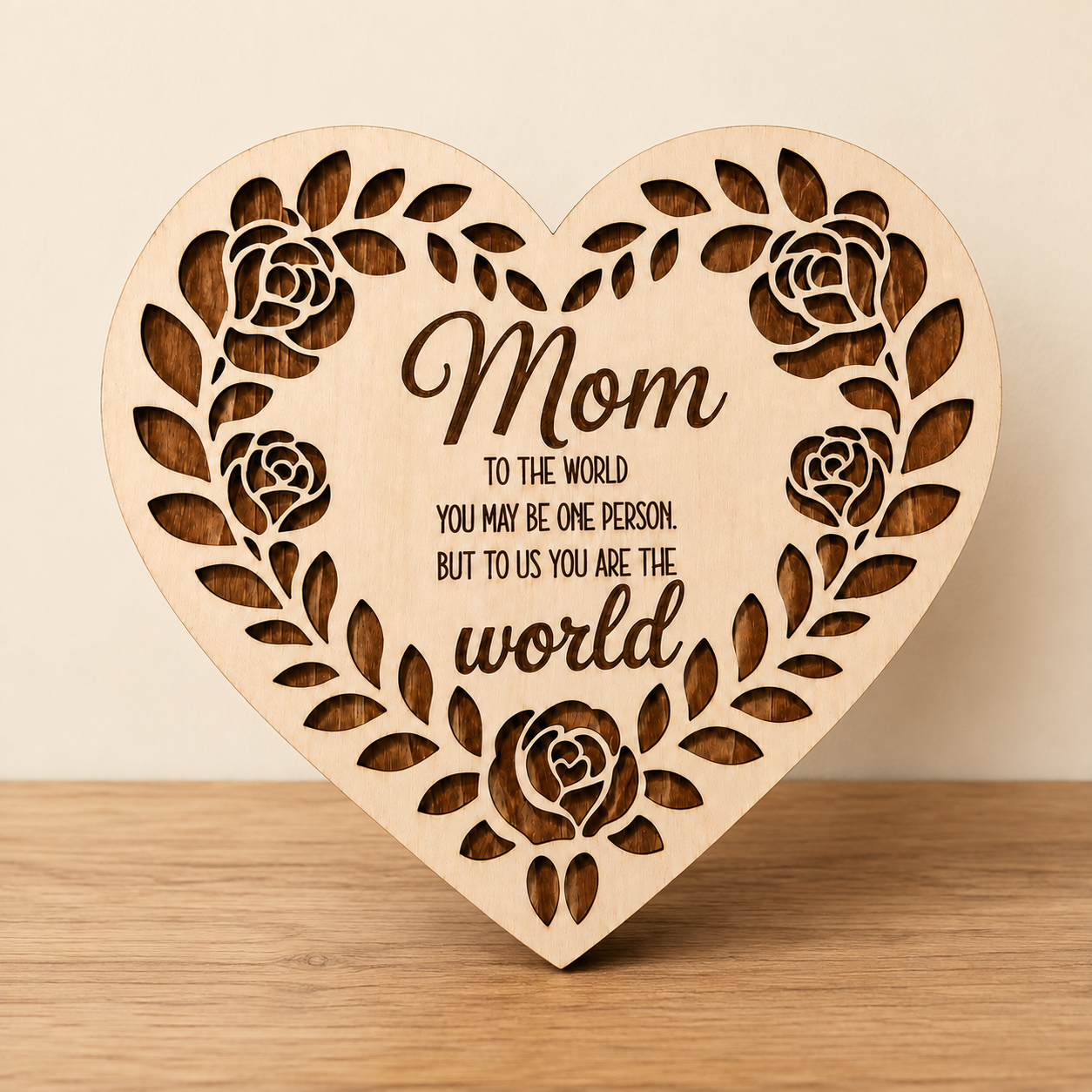Mom—To Us You Are the World Layered Heart Plaque